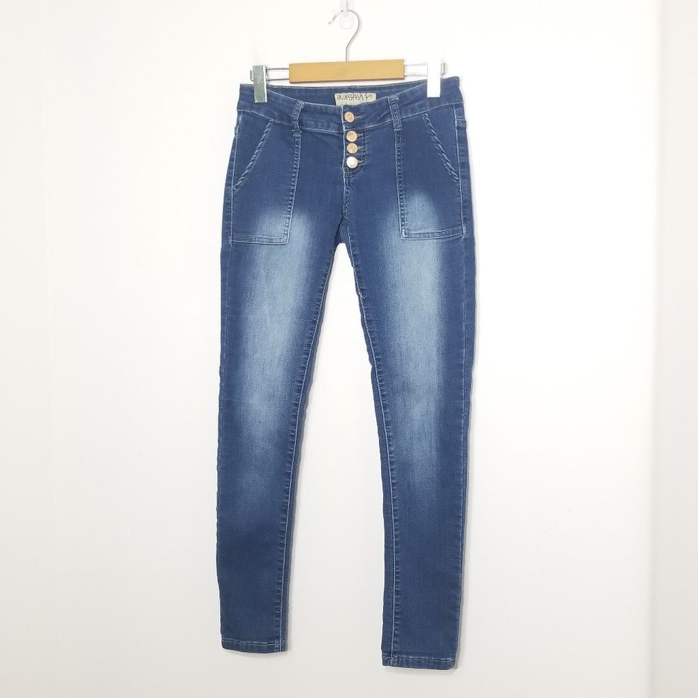 💕 Blue Savvy Jeans Skinny Stretch Blue Jeans Pocket Denim Button Fly Size 3